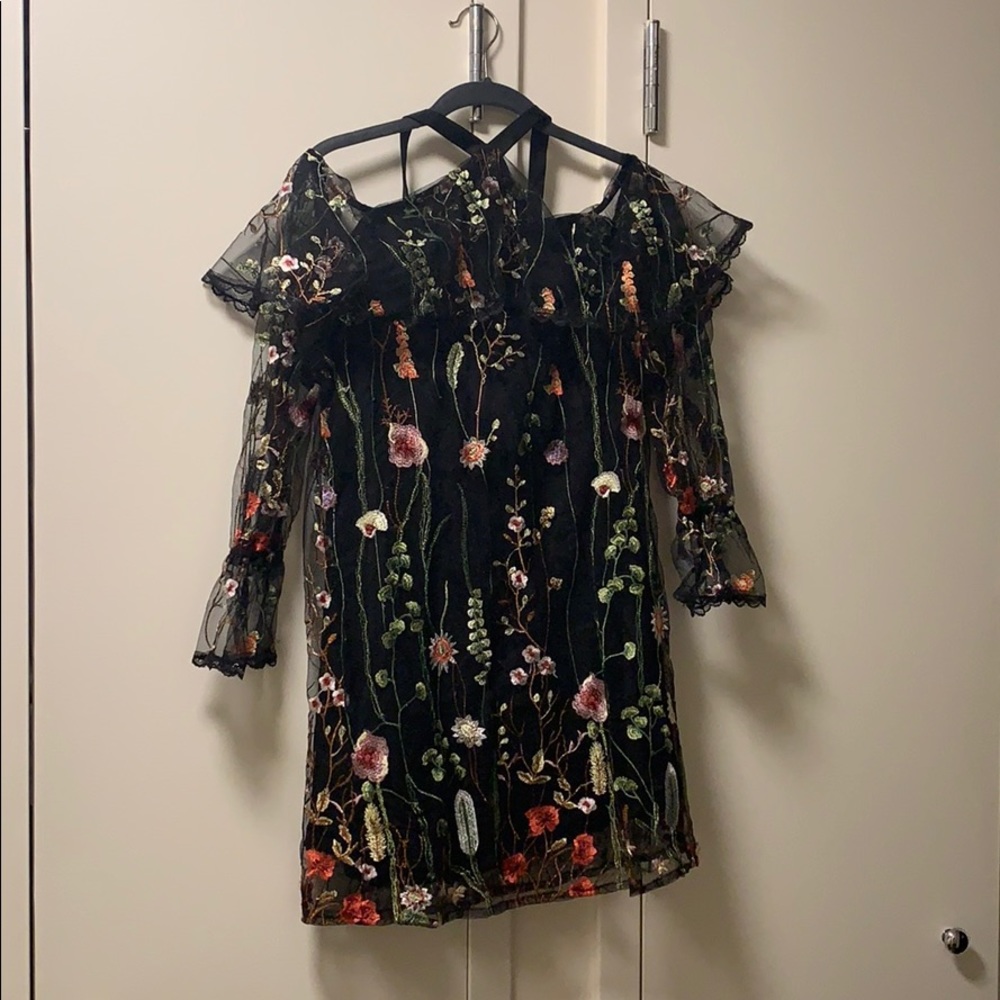 Embroidered floral mini dress with bell sleeves